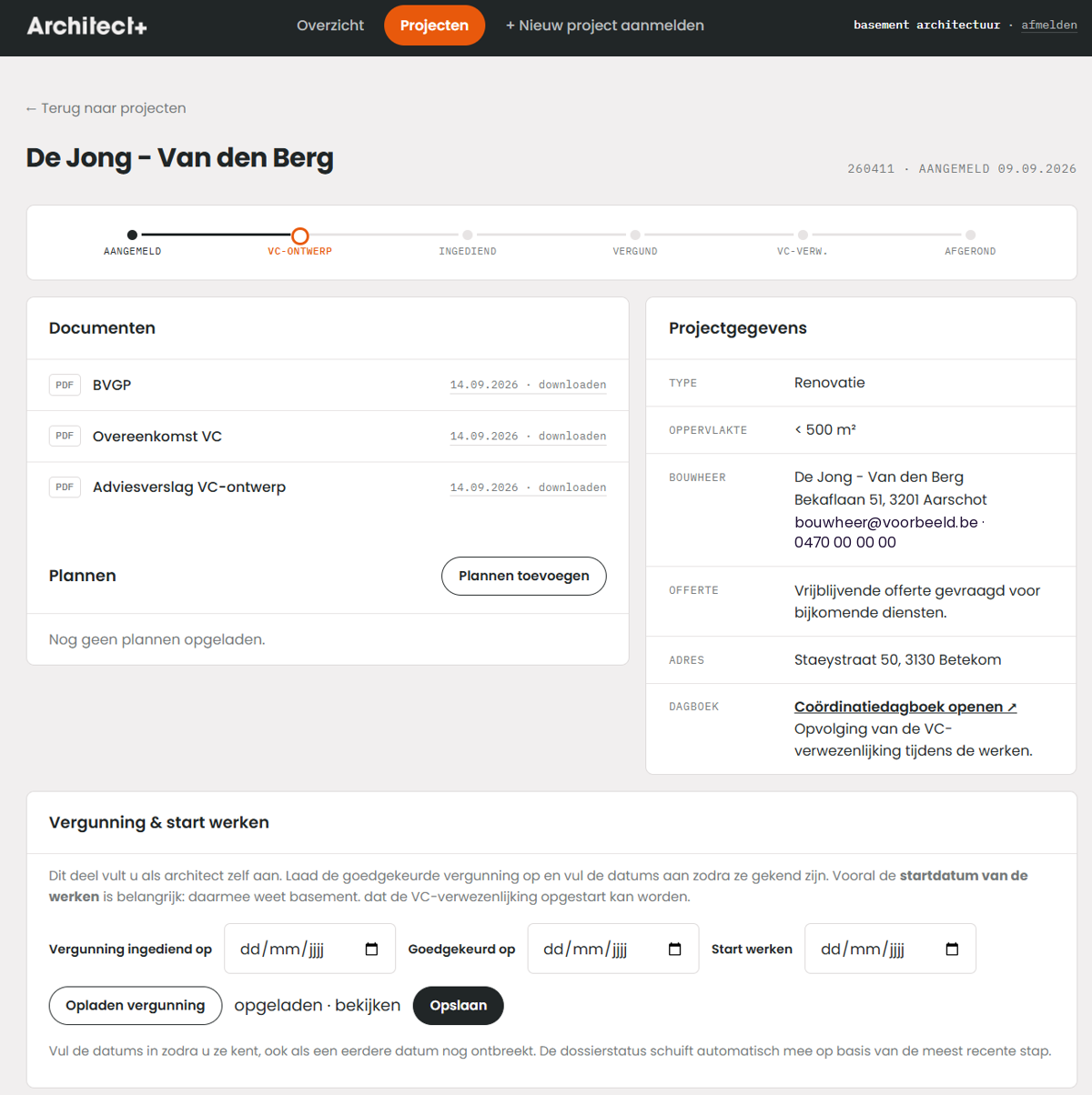 Dossierpagina in het Architect+ partnerplatform met fasebalk, documenten en projectgegevens